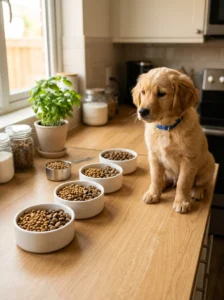 Gradually mixing puppy and adult food during a food transition.