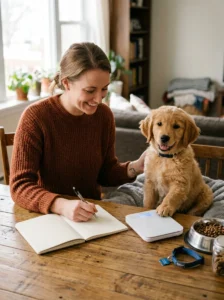 Puppy owner tracking weight, appetite and health changes in a weekly log.
