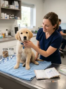 Golden Retriever puppy receiving a follow-up vaccination.