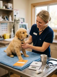 Golden Retriever puppy receiving its first veterinary examination.