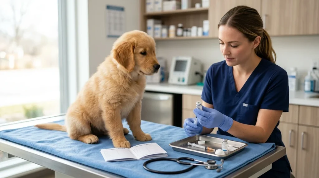 Golden Retriever puppy during a routine vaccination appointment.