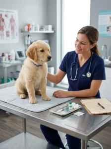 Puppy receiving essential core vaccinations at a veterinary clinic.