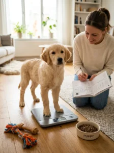 Monitoring a puppy's weight, energy and physical development.