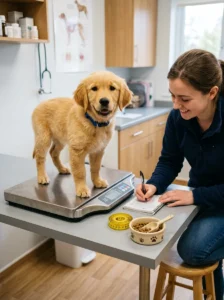 Tracking puppy weight and growth during the food transition.