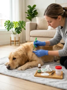 Properly removing an attached tick from a dog's skin.