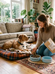 Adult adopted dog transitioning to a preferred adult food.