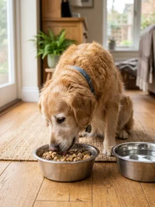 Senior dog eating wet food.