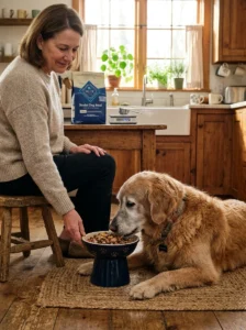 Senior dog following an adjusted feeding schedule.