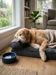 Senior Golden Retriever sleeping comfortably on an orthopedic bed.