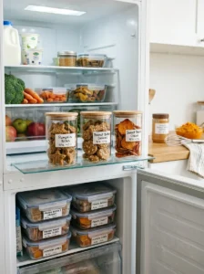 Homemade dog treats stored safely in refrigerator and freezer containers.