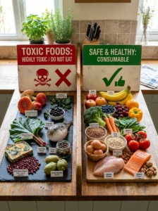 Comparison of toxic foods and safe foods for dogs.