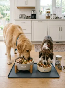 Managing food transitions for multiple dogs separately.