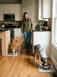 Separate feeding schedules for dogs in a multi-dog household.