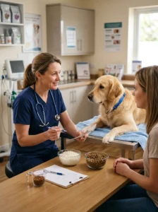 Veterinarian discussing carbohydrate intake for a dog with diabetes.