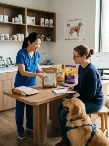 Dog owner discussing grain-free food with a veterinarian.