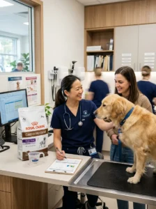 Veterinarian guiding a dog through a medically recommended food transition.