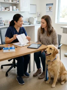 Veterinarian discussing titer testing and vaccine protection for a dog.