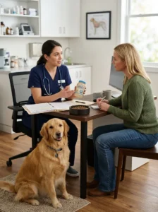 Veterinarian discussing probiotics for a dog's digestive health.