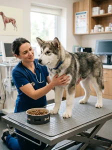 Veterinarian evaluating nutrition for a large-breed growing puppy.