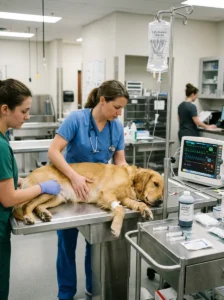 Emergency veterinary treatment for a dog after eating toxic food.