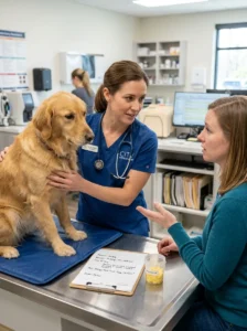 Veterinarian checking a dog for a possible egg allergy.