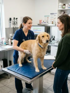 Veterinarian evaluating a dog with persistent digestive problems.