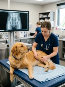 Veterinarian examining a dog and evaluating hip joints for dysplasia.