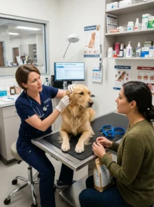 Veterinarian discussing possible peanut allergies in a dog.