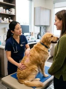 Veterinarian examining a dog for flea allergy dermatitis.