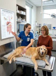 Veterinarian checking a dog for digestive blockage.