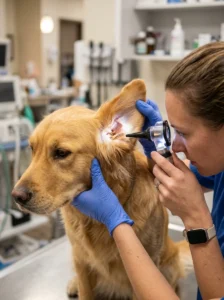 Veterinarian examining the causes of a dog's ear infection.
