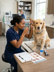 Veterinarian distinguishing between yeast and bacterial ear infections in a dog.