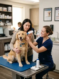 Veterinarian demonstrating treatment for a dog's ear infection.