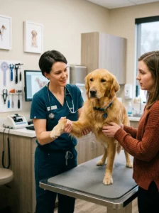 Veterinarian examining a dog's elbow for possible dysplasia.