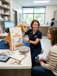 Veterinarian discussing a prescription diet for a dog with digestive sensitivity.