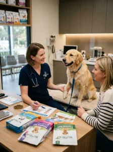 Veterinarian helping an owner evaluate a dog food label.