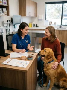 Veterinarian discussing suitable treats for a dog with health conditions.
