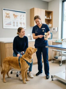 Veterinarian explaining the causes and risk factors of hip dysplasia in dogs.