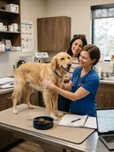 Veterinarian evaluating an underweight dog and planning safe weight management.