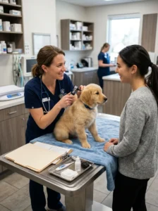 Veterinarian discussing common health problems in puppies.