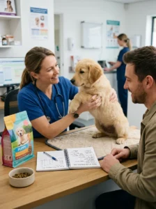 Dog owner discussing the puppy-to-adult food transition with a veterinarian.