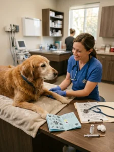 Veterinarian evaluating vaccination needs for a senior dog.