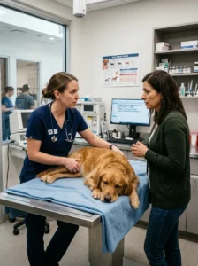 Veterinarian checking a dog for grape poisoning symptoms.