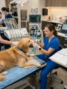 Veterinarian preparing a dog for professional dental cleaning under anesthesia.