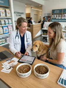 Veterinarian comparing wet and dry dog food options.