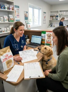 Veterinarian evaluating possible food sensitivity after a diet change.