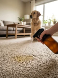 Applying enzymatic cleaner to a dog urine stain on carpet