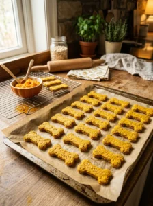 Fresh homemade turmeric dog treats cooling on a baking tray
