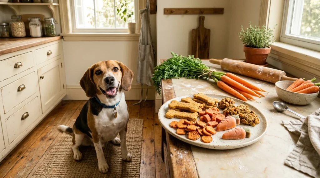 Homemade carrot dog treats with fresh carrots in a cozy kitchen