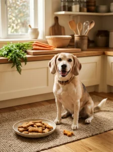 Beagle waiting beside homemade carrot dog treats in a kitchen